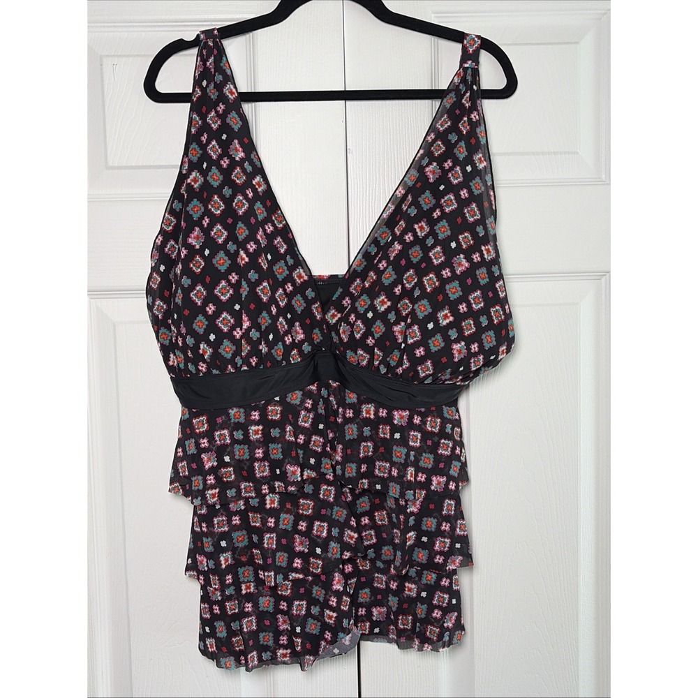 Mazu Swim Tiered Tankini Top Womens Size 24W Black Geometric Boho Mesh Ruffle